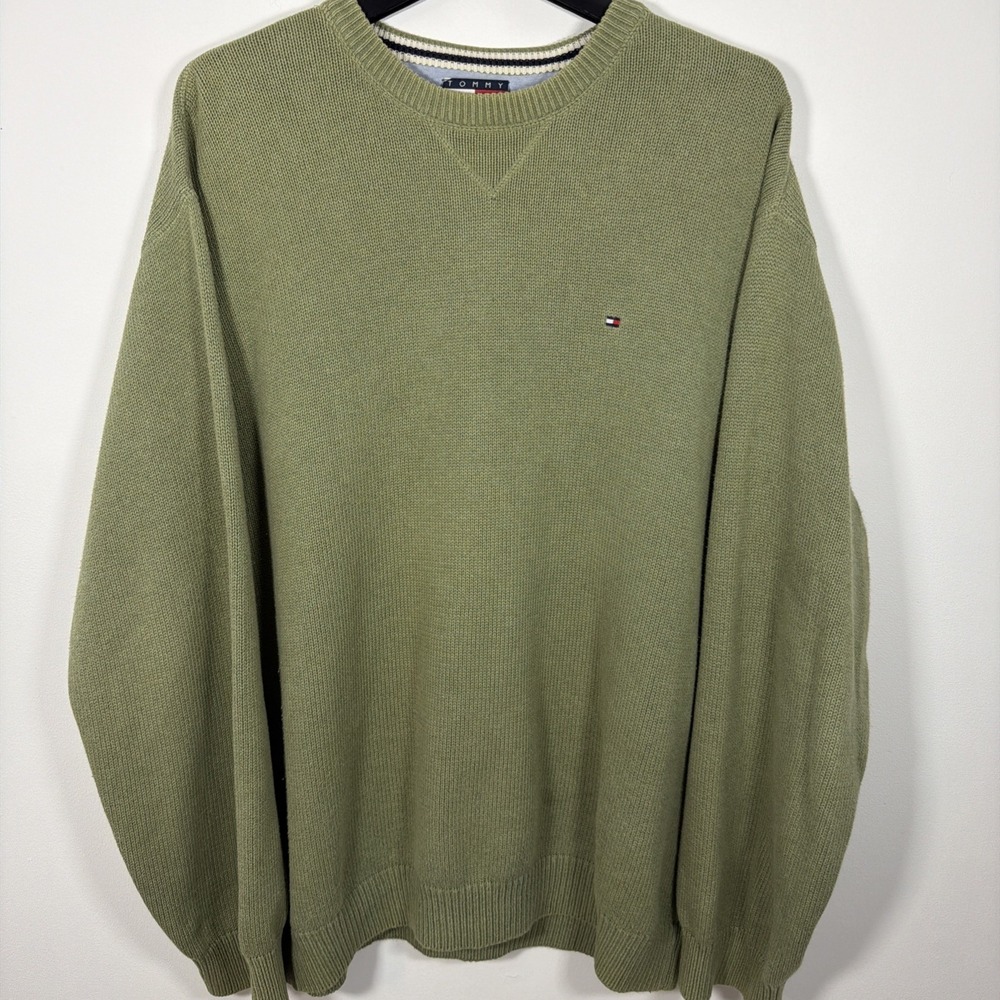 Tommy Hilfiger Heavy 100%  Cotton‎ Pullover Sweater Sage Green Mens  XXL Vintage